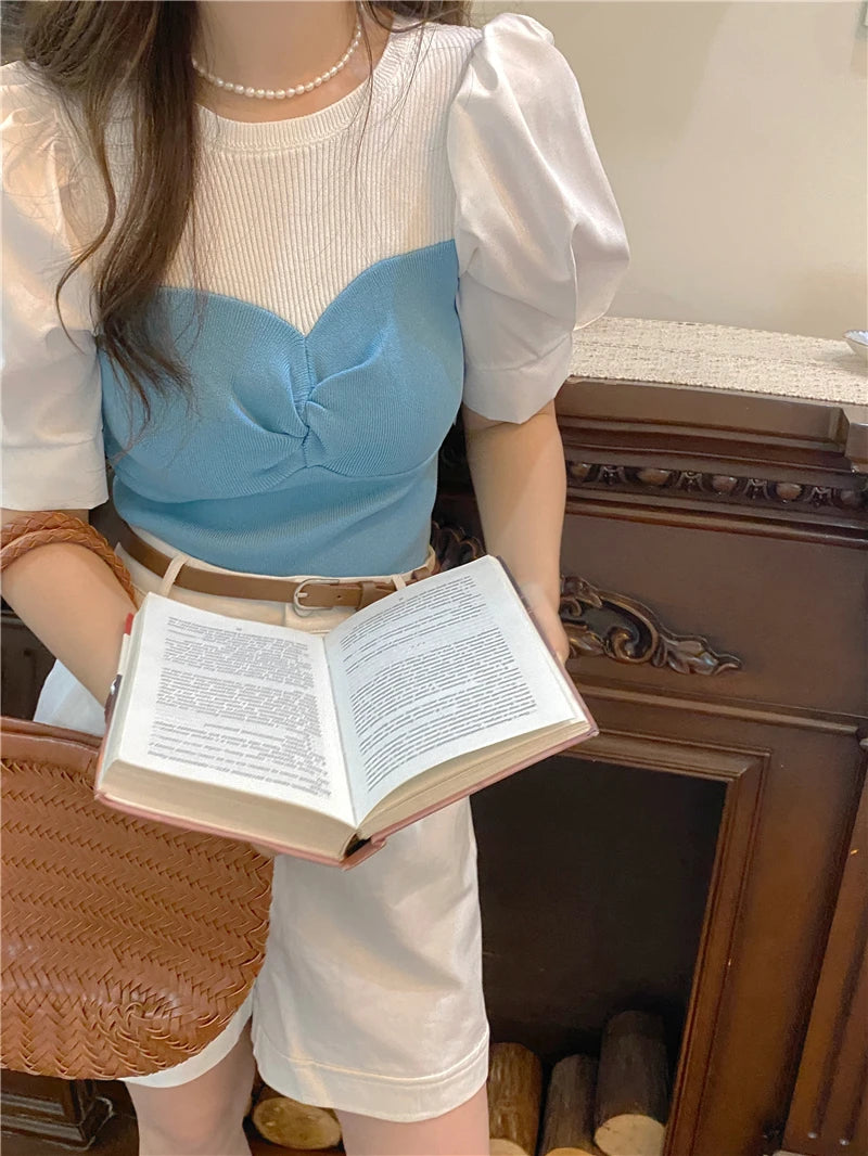 Chic Spring Thin Short Sleeve Knitwear Two-Piece Design Sensation Casual Top Women's Fashionable T-Shirt Cute round Neck Bubb...