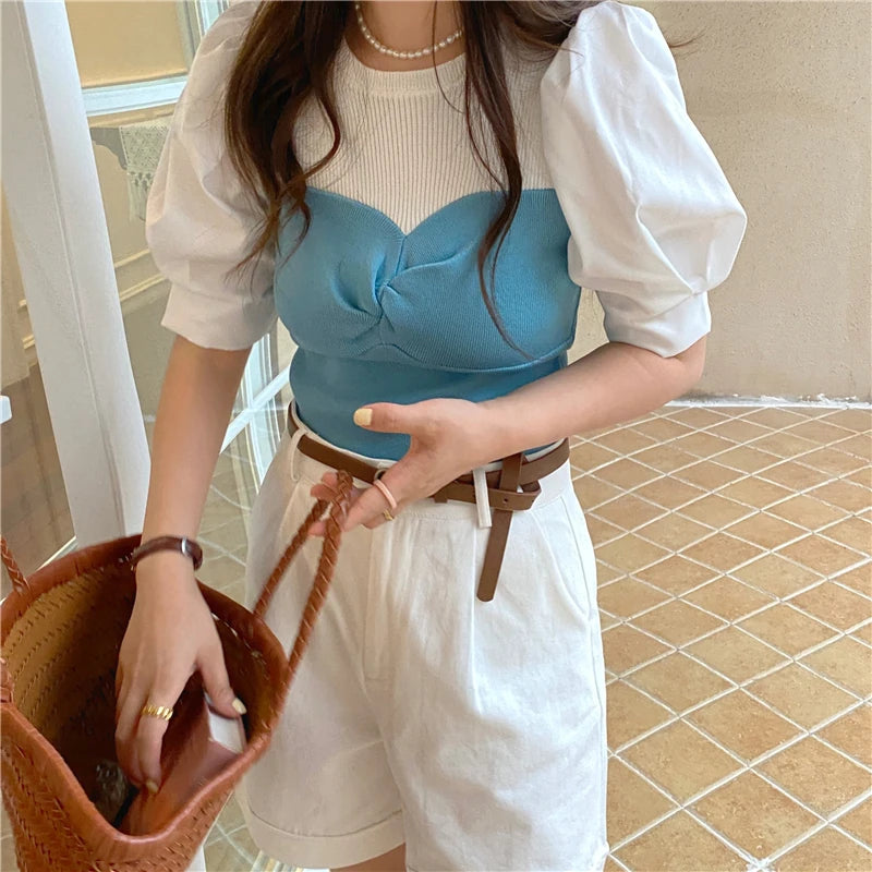 Chic Spring Thin Short Sleeve Knitwear Two-Piece Design Sensation Casual Top Women's Fashionable T-Shirt Cute round Neck Bubb...