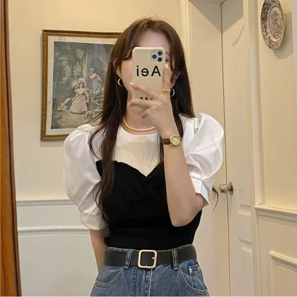 Chic Spring Thin Short Sleeve Knitwear Two-Piece Design Sensation Casual Top Women's Fashionable T-Shirt Cute round Neck Bubb...
