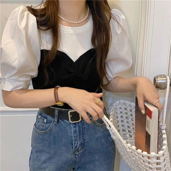 Chic Spring Thin Short Sleeve Knitwear Two-Piece Design Sensation Casual Top Women's Fashionable T-Shirt Cute round Neck Bubb...