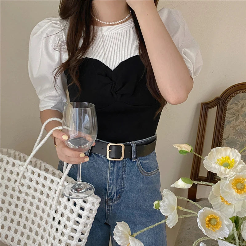 Chic Spring Thin Short Sleeve Knitwear Two-Piece Design Sensation Casual Top Women's Fashionable T-Shirt Cute round Neck Bubb...