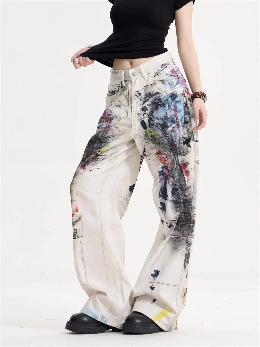 Doodle print American vintage jeans for women, high street Y2K style, loose straight-cut casual wide-leg floor-length pants