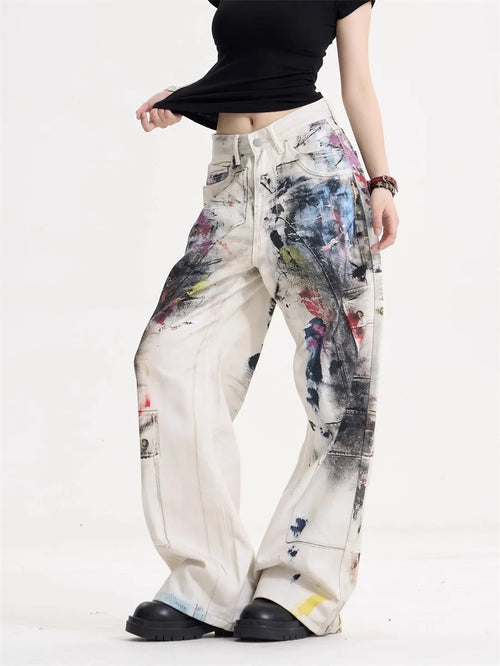 Doodle print American vintage jeans for women, high street Y2K style, loose straight-cut casual wide-leg floor-length pants