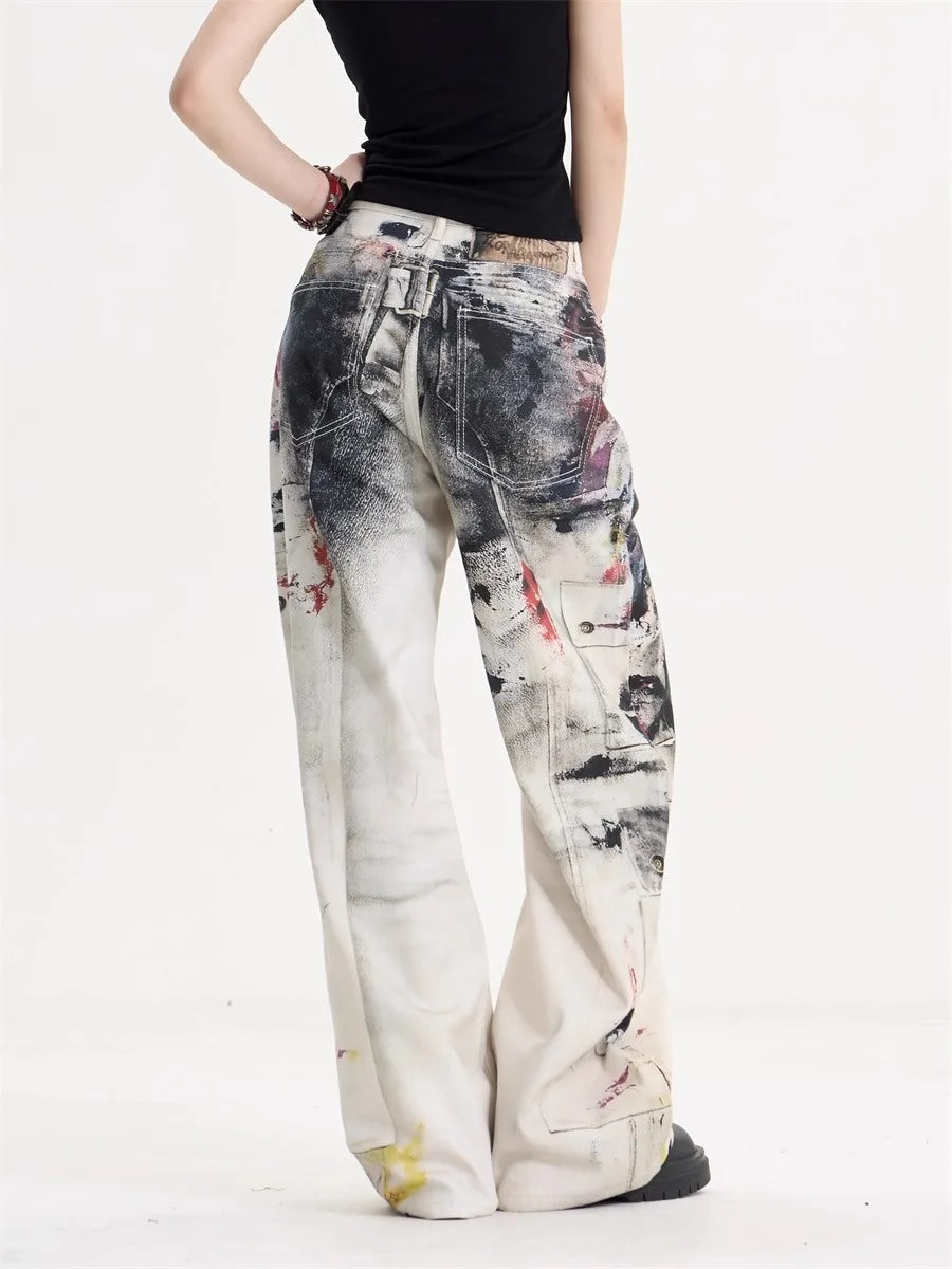 Doodle print American vintage jeans for women, high street Y2K style, loose straight-cut casual wide-leg floor-length pants