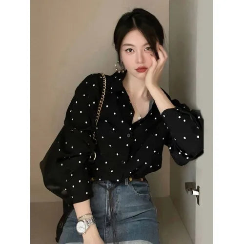 Black Polka Dot Long Sleeve Shirt Women Early Autumn New Design Sensation Korean Style Elegant Top Vintage Retro Style