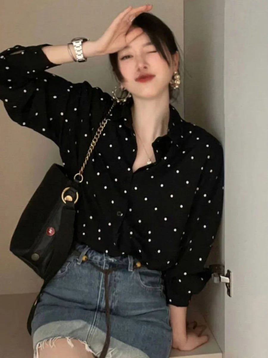 Black Polka Dot Long Sleeve Shirt Women Early Autumn New Design Sensation Korean Style Elegant Top Vintage Retro Style