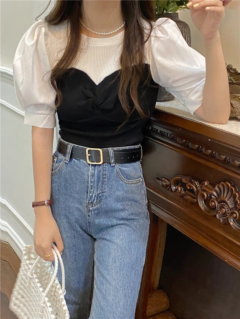 Chic Spring Thin Short Sleeve Knitwear Two-Piece Design Sensation Casual Top Women's Fashionable T-Shirt Cute round Neck Bubb...