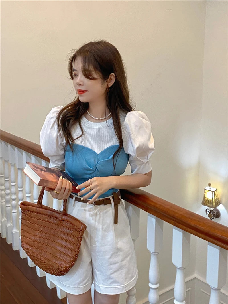 Chic Spring Thin Short Sleeve Knitwear Two-Piece Design Sensation Casual Top Women's Fashionable T-Shirt Cute round Neck Bubb...