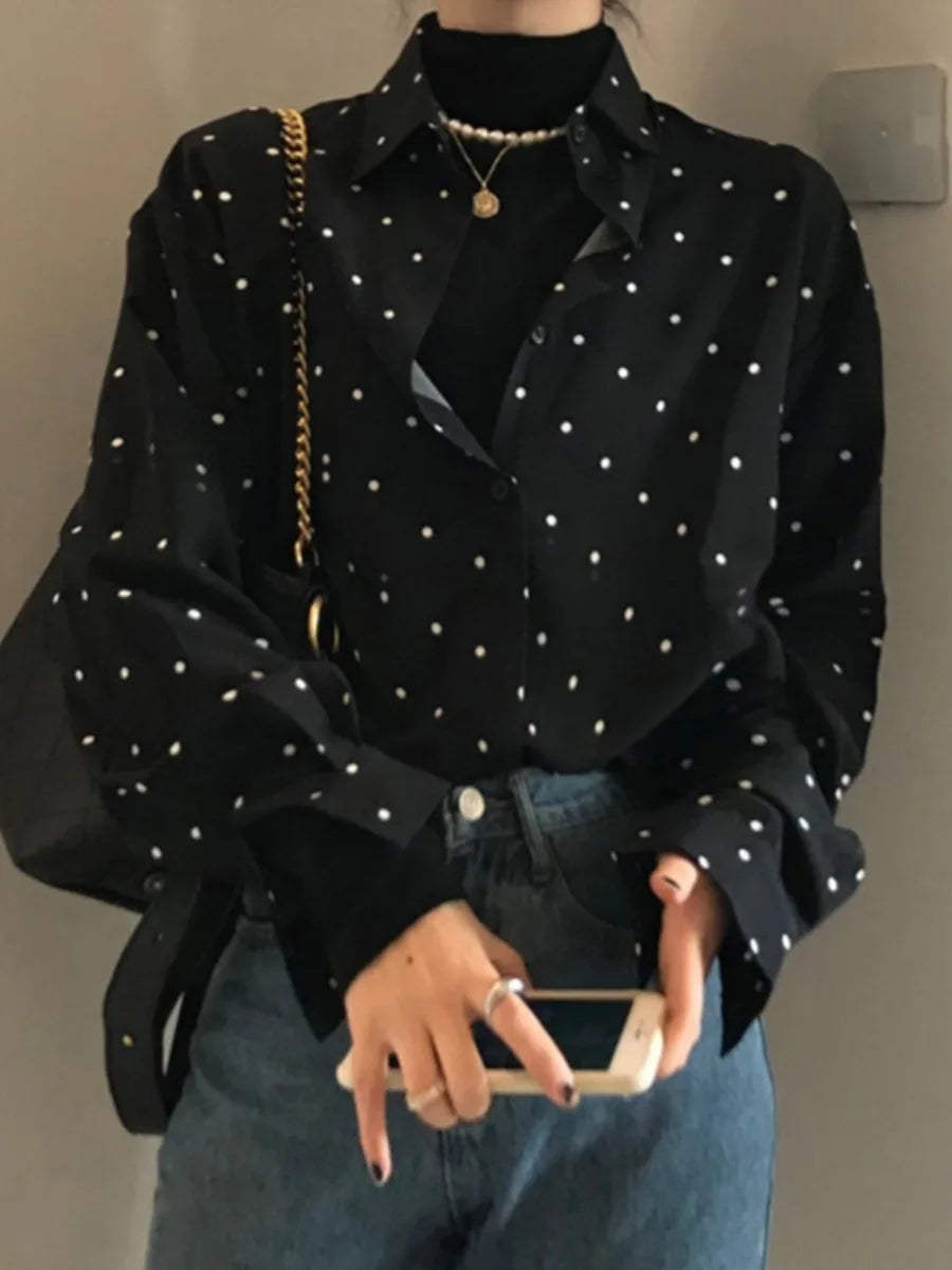 Black Polka Dot Long Sleeve Shirt Women Early Autumn New Design Sensation Korean Style Elegant Top Vintage Retro Style