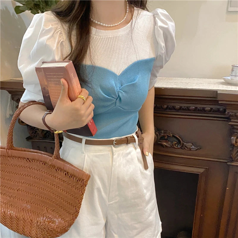 Chic Spring Thin Short Sleeve Knitwear Two-Piece Design Sensation Casual Top Women's Fashionable T-Shirt Cute round Neck Bubb...