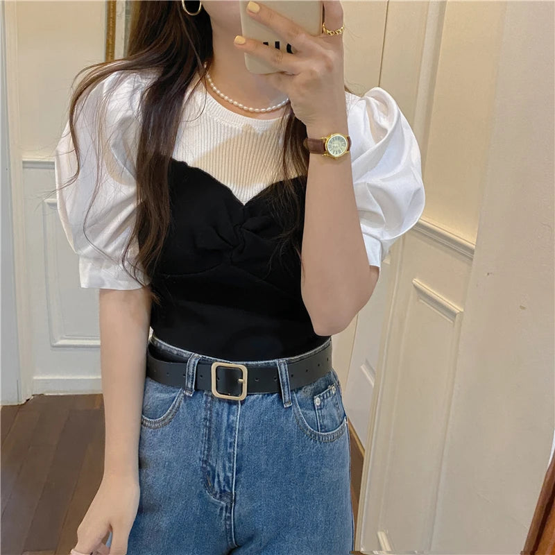 Chic Spring Thin Short Sleeve Knitwear Two-Piece Design Sensation Casual Top Women's Fashionable T-Shirt Cute round Neck Bubb...