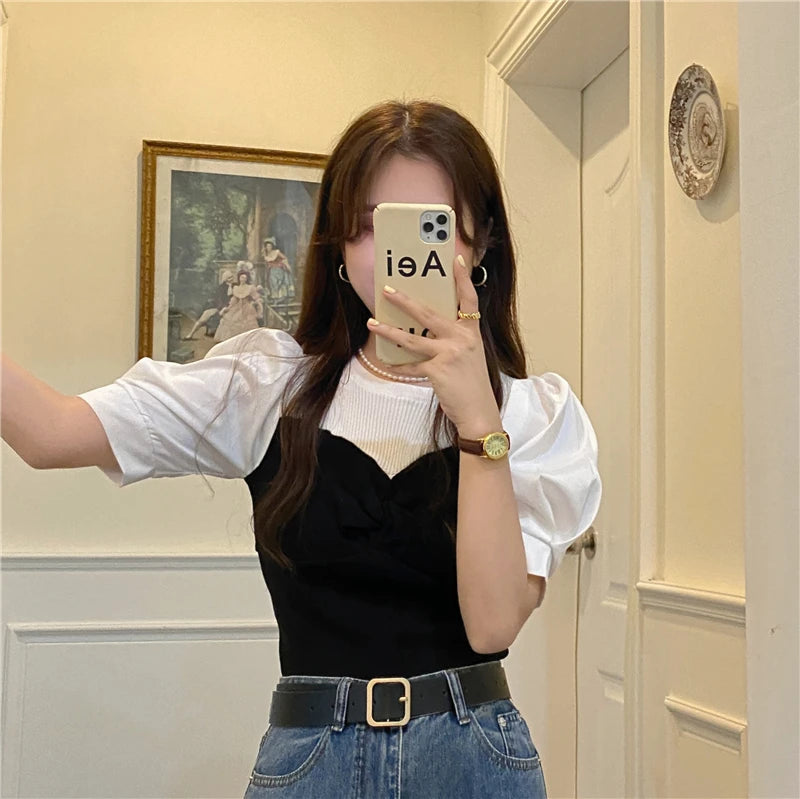 Chic Spring Thin Short Sleeve Knitwear Two-Piece Design Sensation Casual Top Women's Fashionable T-Shirt Cute round Neck Bubb...