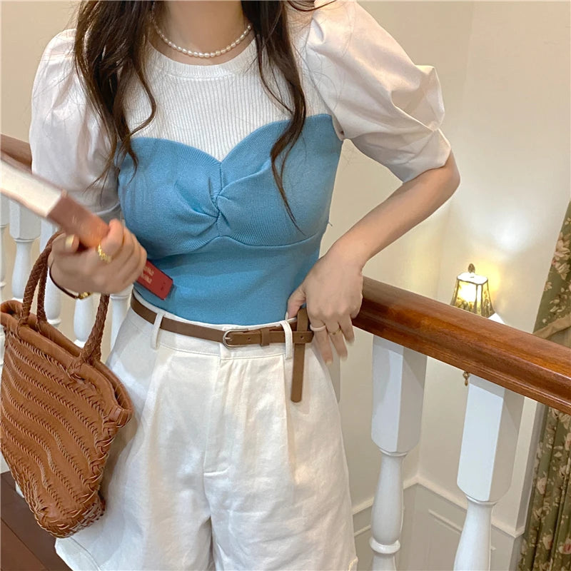 Chic Spring Thin Short Sleeve Knitwear Two-Piece Design Sensation Casual Top Women's Fashionable T-Shirt Cute round Neck Bubb...