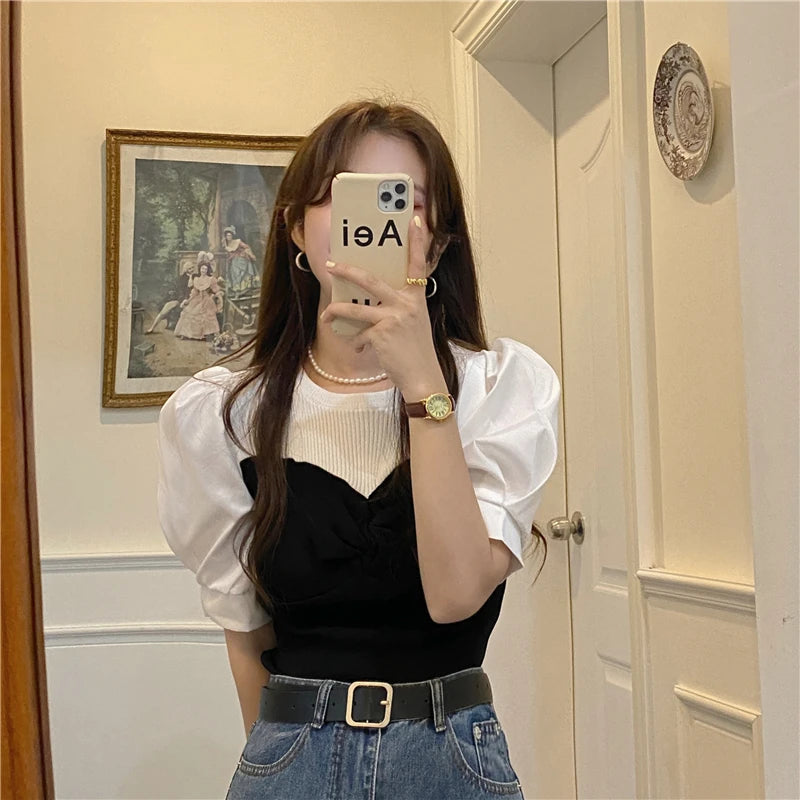 Chic Spring Thin Short Sleeve Knitwear Two-Piece Design Sensation Casual Top Women's Fashionable T-Shirt Cute round Neck Bubb...
