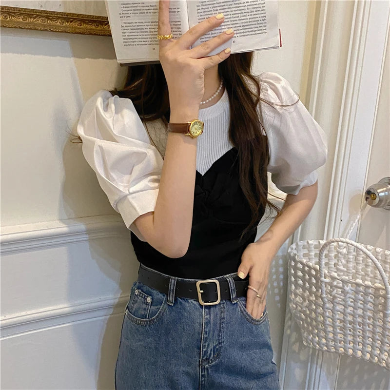 Chic Spring Thin Short Sleeve Knitwear Two-Piece Design Sensation Casual Top Women's Fashionable T-Shirt Cute round Neck Bubb...