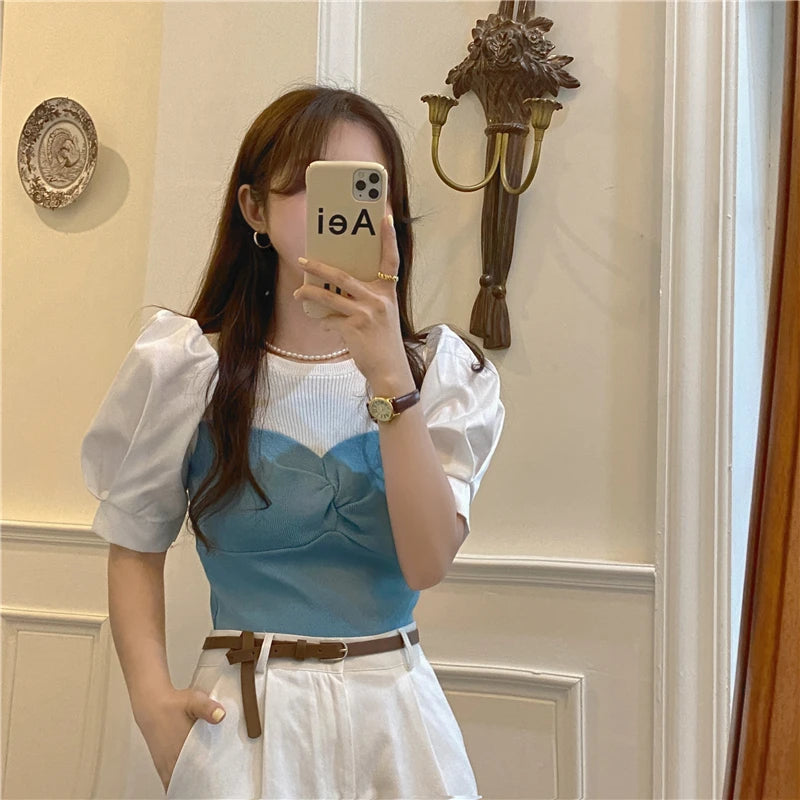 Chic Spring Thin Short Sleeve Knitwear Two-Piece Design Sensation Casual Top Women's Fashionable T-Shirt Cute round Neck Bubb...