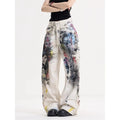 Doodle print American vintage jeans for women, high street Y2K style, loose straight-cut casual wide-leg floor-length pants