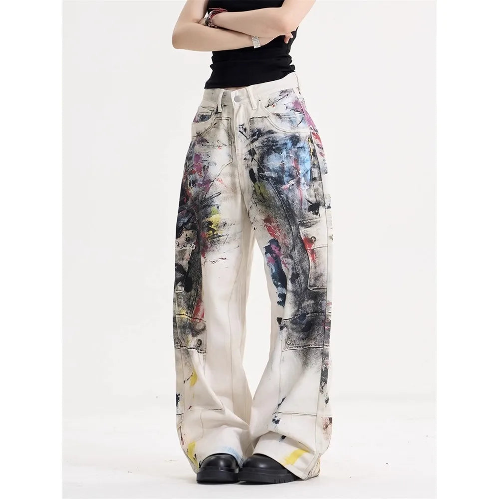 Doodle print American vintage jeans for women, high street Y2K style, loose straight-cut casual wide-leg floor-length pants