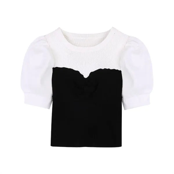 Chic Spring Thin Short Sleeve Knitwear Two-Piece Design Sensation Casual Top Women's Fashionable T-Shirt Cute round Neck Bubb...