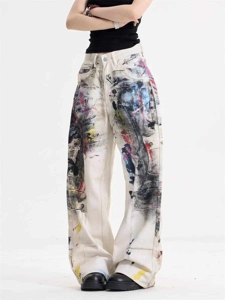 Doodle print American vintage jeans for women, high street Y2K style, loose straight-cut casual wide-leg floor-length pants