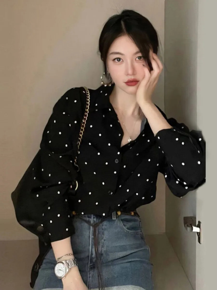 Black Polka Dot Long Sleeve Shirt Women Early Autumn New Design Sensation Korean Style Elegant Top Vintage Retro Style
