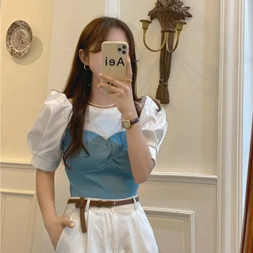 Chic Spring Thin Short Sleeve Knitwear Two-Piece Design Sensation Casual Top Women's Fashionable T-Shirt Cute round Neck Bubb...