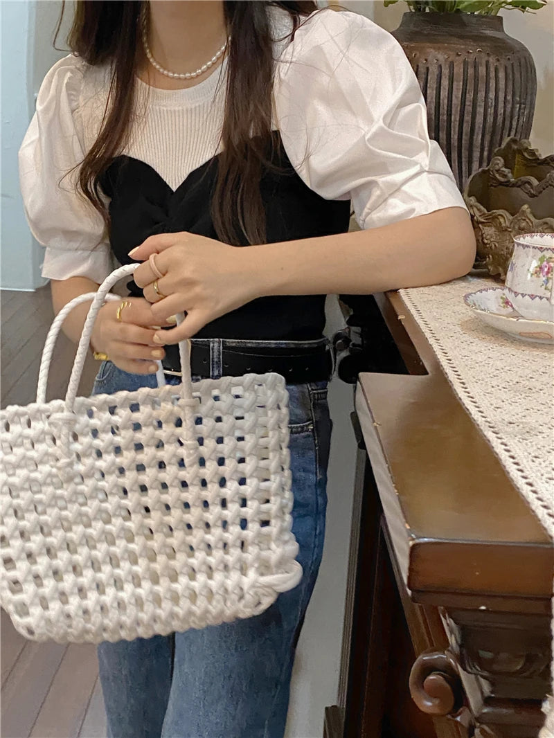 Chic Spring Thin Short Sleeve Knitwear Two-Piece Design Sensation Casual Top Women's Fashionable T-Shirt Cute round Neck Bubb...