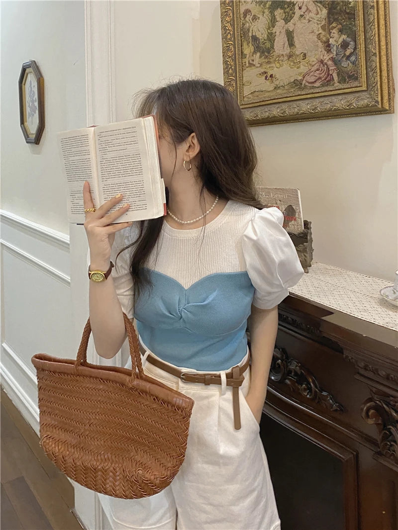 Chic Spring Thin Short Sleeve Knitwear Two-Piece Design Sensation Casual Top Women's Fashionable T-Shirt Cute round Neck Bubb...